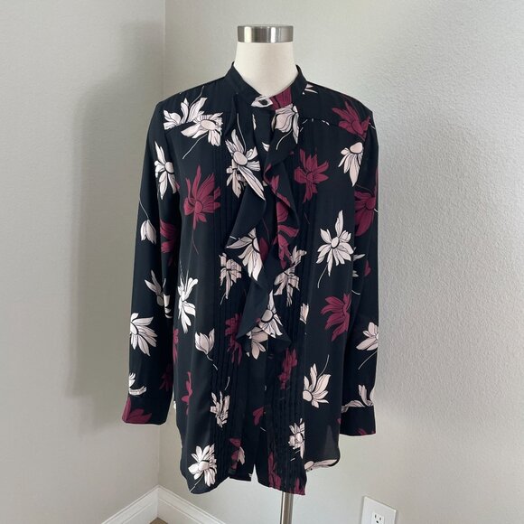 Ann Taylor Womens Large Tall Floral Ruffle Front Long Sleeve Blouse Shirt - Picture 1 of 9